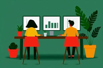 Poster - Two people working at desks with computer screens displaying graphs, surrounded by potted plants, in a green office setting.