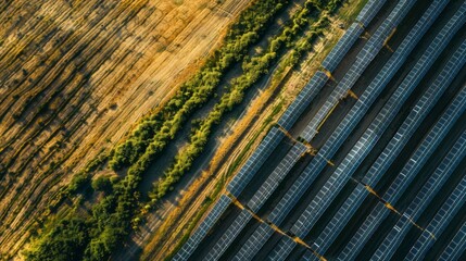 Poster - A field with a row of solar panels in the background