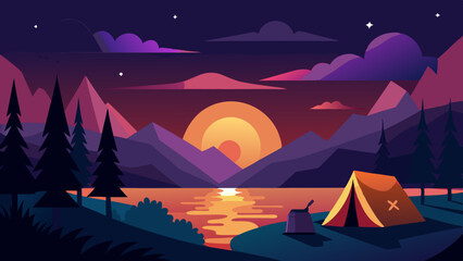 Wall Mural - Calm lakeside camping scene with starlit sky and vibrant sunset colors vector illustration. Camping adventure with a tent and a canoe under a starry night sky in a forest setting illustration 