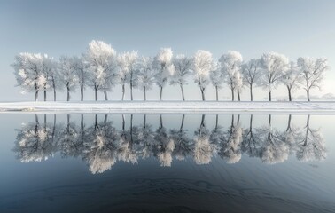 winter trees covered with frost, morning in the morning, landscape with trees and snow, majestic foggy morning view over the mountains and lake in winter season ai generated