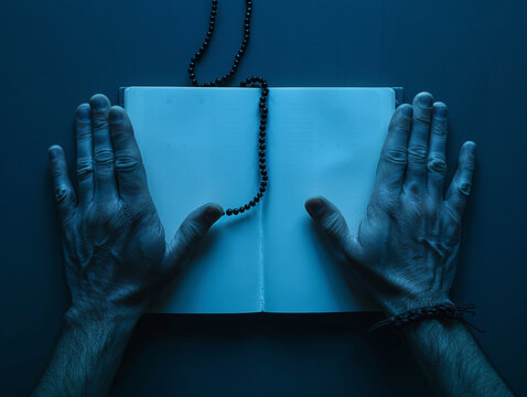 hands holding a book with a beaded necklace