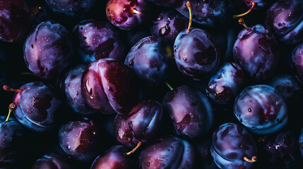 Wall Mural - Minimalistic design featuring deep purple, fresh and juicy plums arranged tightly. Captures their natural beauty and rich appeal, making them ideal for a background.

