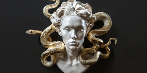 Wall Mural - sculpture of medusa woman in all white ceramic, skull in shiny gold, snake wrapped around them, neat and balanced composition
