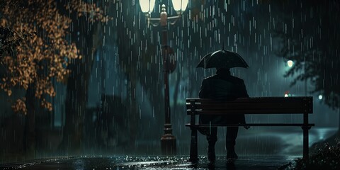 Wall Mural - An image of a man sitting alone on a bench under a streetlamp at night, rain pouring down around him, with realistic details.