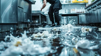 A dramatic image of a worker slipping and falling on a wet floor in a restaurant kitchen, surrounded by spilled ingredients