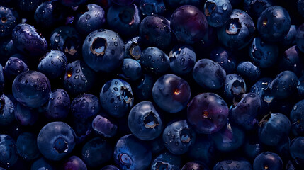 Wall Mural - Minimalist shot of plump blueberries covering the frame with deep blue-violet hues, capturing their freshness and antioxidant properties.
