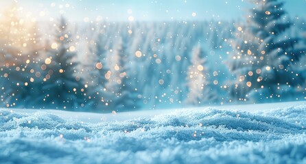 Falling Snow Overlay Background, Merry Christmas and happy new year greeting background with copy-space. Beautiful winter landscape with snow covered trees, Blue winter banner with snowflakes.