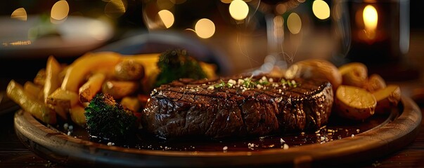 Wall Mural - Juicy grilled steak served with potatoes and vegetables on a wooden plate, perfect for a cozy dinner setting.