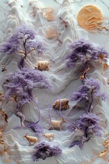 Wall Mural - a garden with golden lambs on white marble background, with a purple carving and a lavender wire wra