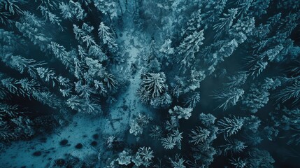 Drone photo of snow covered evergreen trees after a winter blizzard in Lithuania. aerial view of forest trees in winter ,scenic ,drone view panoramic, Natural background. View from the height of 