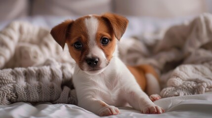 Wall Mural - Cute Jack Russell puppy with folded ears small two months old on bed close up