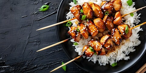 Sticker - Yakitori Skewers with Chicken in Teriyaki Glaze Served with Rice A Mouthwatering Closeup. Concept Food Photography, Japanese Cuisine, Teriyaki Chicken, Yakitori Skewers, Closeup Shot
