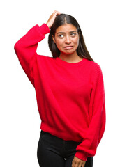 Sticker - Young beautiful arab woman wearing winter sweater over isolated background confuse and wonder about question. Uncertain with doubt, thinking with hand on head. Pensive concept.