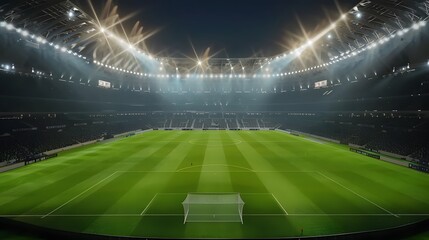 A soccer field with a bright green grass and a few lights in the background. Football stadium arena for professional match with spotlight