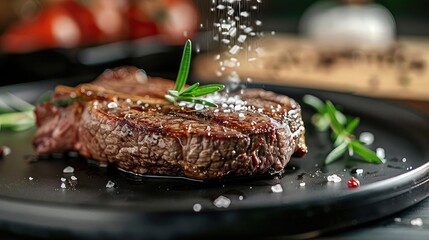 Wall Mural - Close-up of a perfectly grilled steak topped with coarse salt and garnished with rosemary, served on a dark plate with blurred background.