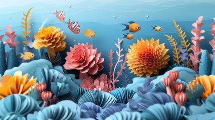 Wall Mural - Paper craft underwater adventure with divers exploring a coral reef, ideal for marine education materials. Illustration, Minimalism,