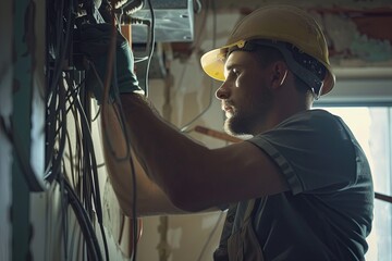 Poster - An electrician carefully works on electrical wiring inside an open wall, ensuring proper installation and safety. Generative AI