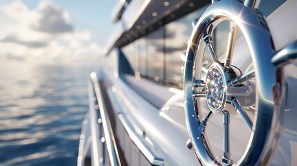 The helm symbolizes victory, personifies leadership qualities, love of freedom. Steering wheel on yacht with sea and sky. Concept freedom and adventure.