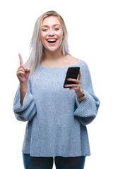 Wall Mural - Young blonde woman texting sending message using smartphone over isolated background surprised with an idea or question pointing finger with happy face, number one