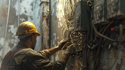 Poster - An electrician wearing a hard hat and gloves works on electrical wiring inside a building, with exposed cables and connectors. Generative AI