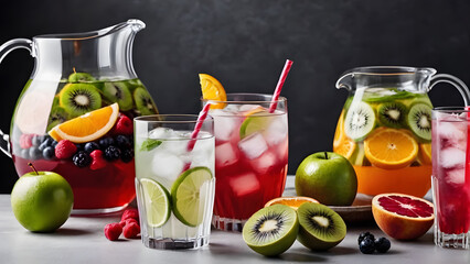 Pitchers of fresh fruit drinks and glasses of fruit cocktails and ice cubes with straws, black background 