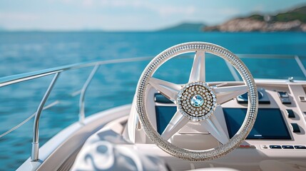 The helm symbolizes victory, personifies leadership qualities, love of freedom. Steering wheel on yacht with sea and sky. Concept freedom and adventure.