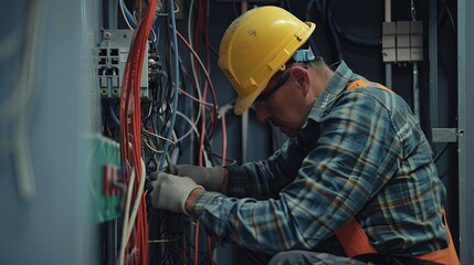 Poster - A close-up of an electrician working on wiring inside a wall. Generative AI