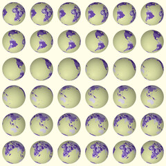 Poster - Collection of earth globes. Tilted sphere view. Rotation step 10 degrees. Colored countries style. World map with sparse graticule lines on creamy background. Fresh vector illustration.