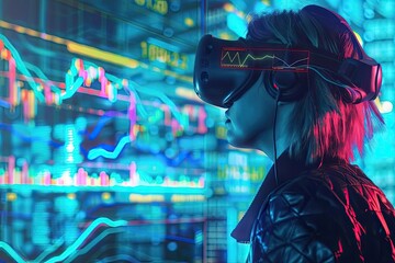 Poster - Person wearing VR headset surrounded by glowing digital graphs, representing virtual reality and futuristic data visualization.