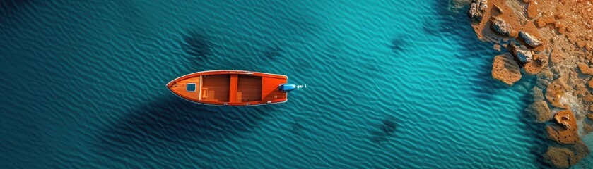 Wall Mural - Aerial view of a solitary red boat floating on clear blue water near a rocky shore, creating a serene and picturesque scene.