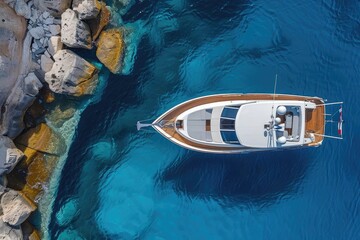 Wall Mural - Aerial view of a luxury yacht anchored near rocky shore with clear blue water. Perfect setting for a serene and exclusive getaway.