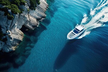 Poster - Aerial view of a luxury yacht cruising through clear blue waters along rugged coastline, leaving a trail of waves behind. Perfect for travel and lifestyle imagery.