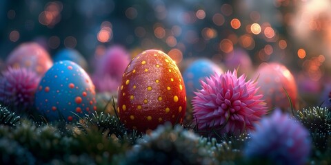Colorful Easter eggs and flowers in festive outdoor setting with vibrant colors and decorations