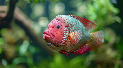 Wall Mural - Close-up of a Colorful Fish Swimming in a Lush Aquarium