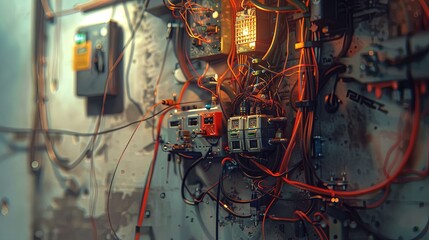 Poster - A close-up shot of an electrician working on electrical wiring inside an open wall. The image shows various cables, connectors, and tools. Generative AI