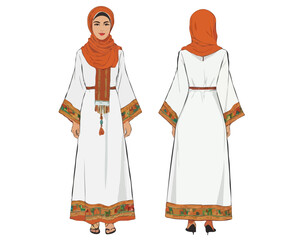 Femme en robe traditionnelle marocaine, costume national. Vêtements, tenue, kaftan avec broderie et foulard de Marrakech. Illustration vectorielle à plat isolée sur fond blanc