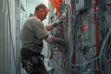 Aufkleber - An electrician carefully works on wiring inside an open wall, surrounded by a complex network of cables and connectors. Generative AI