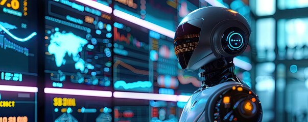 Poster - Futuristic robot analyzing data on digital screens in high-tech environment, representing artificial intelligence and technology advancements.