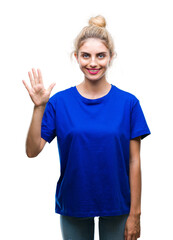 Sticker - Young beautiful blonde and blue eyes woman wearing blue t-shirt over isolated background showing and pointing up with fingers number five while smiling confident and happy.