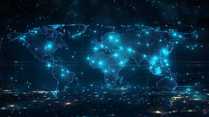 Wall Mural - a digital world map showcasing illuminated connections reflecting a global network, with glowing poi