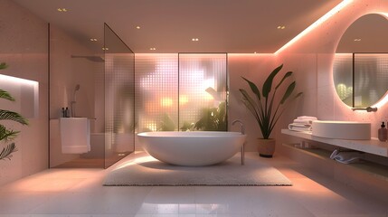 Wall Mural - Luxurious modern bathroom interior with elegant lighting and a freestanding bathtub at sunset 