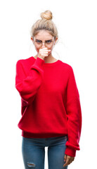 Wall Mural - Young beautiful blonde woman wearing red sweater and glasses over isolated background feeling unwell and coughing as symptom for cold or bronchitis. Healthcare concept.