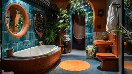 Eclectic bathroom design with vibrant tiles, tropical plants, and unique fixtures creating a bohemian ambiance 