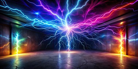 Wall Mural - Colorful electricity flash illuminating a dark room, energy, vibrant, bright, power, electricity, electric, lightning, spark