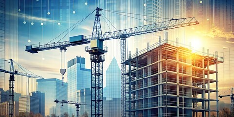 Wall Mural - Crane overlaid with diagrams of building, construction, development, architecture, engineering, blueprint, structure