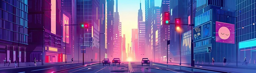 Wall Mural - Stunning futuristic cityscape at sunrise with neon lights and high-rise buildings. Perfect blend of modern technology and urban life.