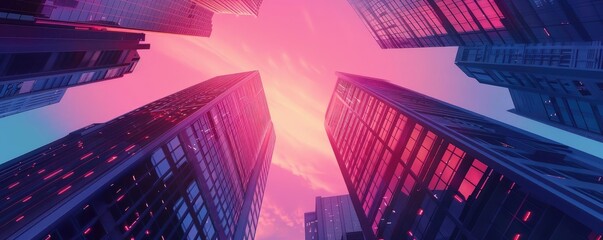 Wall Mural - Modern skyscrapers at sunset with a vibrant pink and purple sky, viewed from a low angle, showcasing urban architecture and city life.