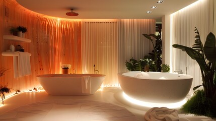 Wall Mural - Luxurious modern bathroom with mood lighting and elegant fixtures gives a serene spa ambiance.