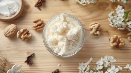 Poster - Moisturizer and shea butter on a light wooden surface