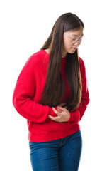 Canvas Print - Young Chinese woman over isolated background wearing glasses with hand on stomach because nausea, painful disease feeling unwell. Ache concept.